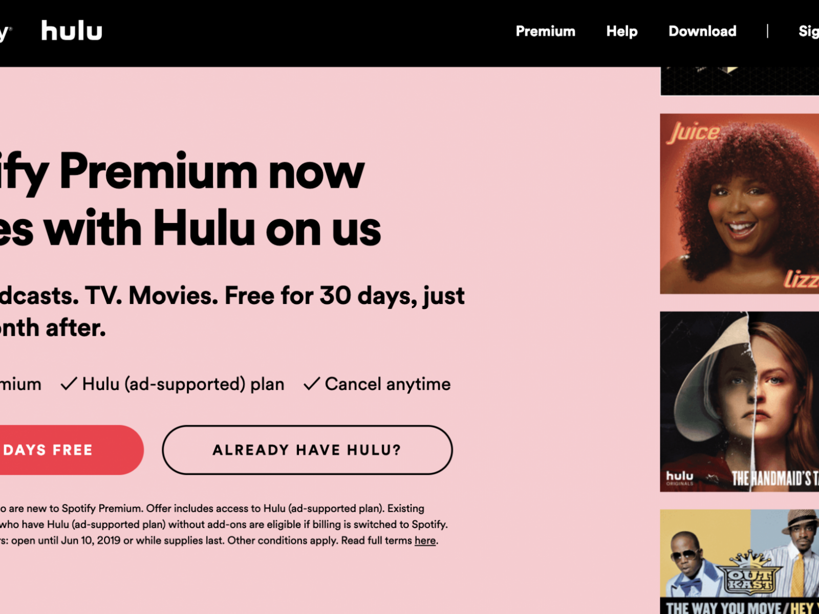 Do you get spotify premium free with hulu without